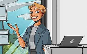 Comiczeichnung mit Person, die vor dem Laptop steht und präsentiert